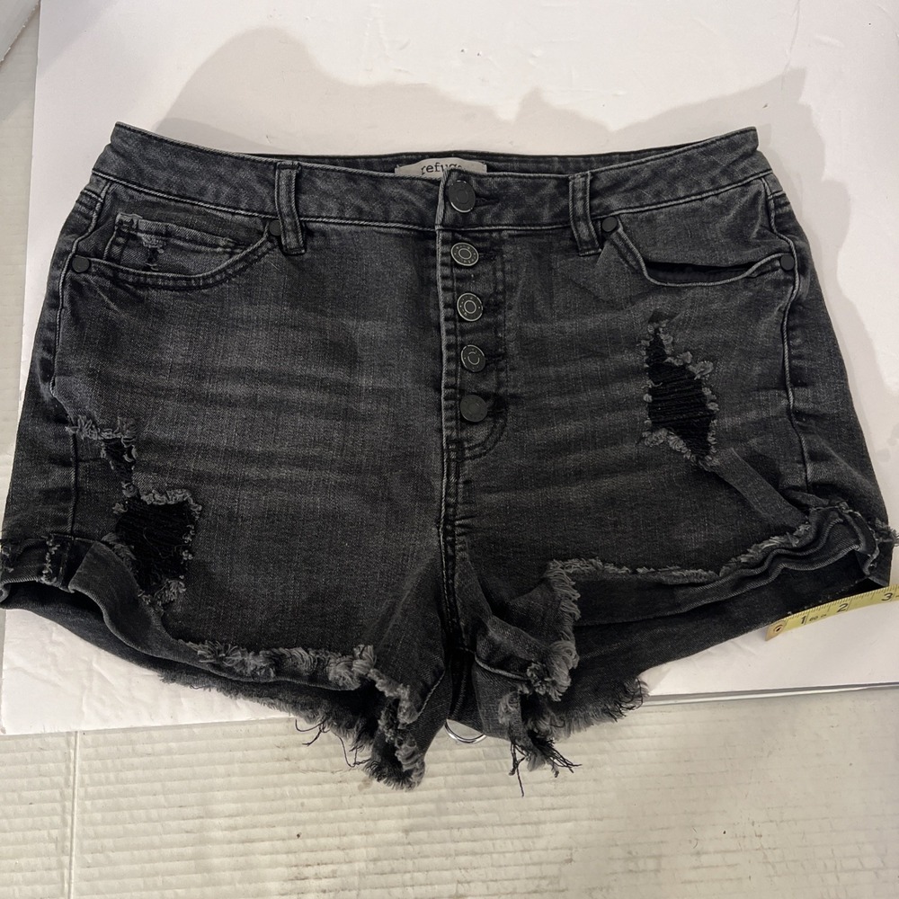 Refuge Mid Rise Black Denim Cut-off‎ Shorts Destructed Size 14